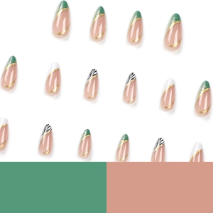 Almond stiletto press-on nails with green French tips and zebra print patterns