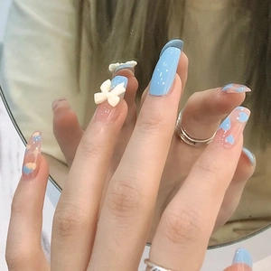 Blue Press On Nails With White 3D Bow And Heart Patterns Long Coffin False Nails Glossy Sweet Style For Women Detachable