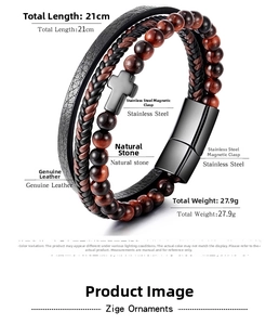 Detailed macro view of triple-layer men's bracelet with red tiger eye and matte cross