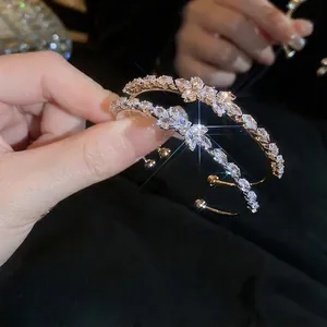 Shiny Zircon Bowknot Open Bangle Elegant Marquise Stone Copper Adjustable Bracelet Jewelry For Women