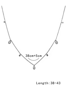 Detail of silver tassel necklace with five teardrop pendants and 38-43cm length scale