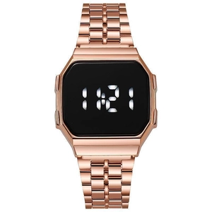 Retro digital LED watch with rose gold metal strap and square case for men and women