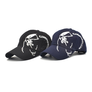 Skull embroidery baseball caps in black and navy blue with white line skeleton patterns
