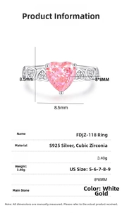 Detailed product dimensions for the S925 silver heart ring with red ice cut cubic zirconia