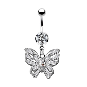 Piercing de nombril papillon argenté avec pendentif cœur lune et zircone étincelante