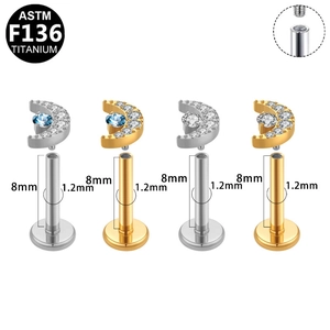 ASTM F136 titanium moon labret studs with inlaid zircon and internal thread structure