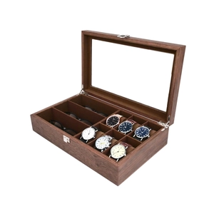 Walnoot houten horlogebox voor 6 horloges en 3 brillen met glazen bovenkant