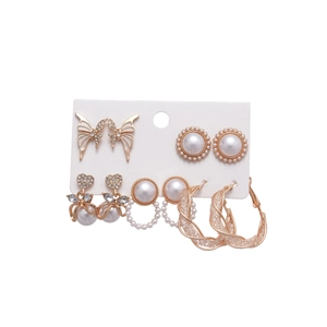 6-pair set of elegant gold-toned pearl and rhinestone earrings with heart and butterfly designs