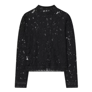 Detailed back view of the black lace long sleeve blouse with intricate floral patterns