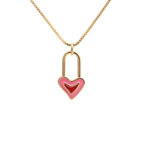 Gold plated heart pendant necklace with pink and red enamel details on box chain
