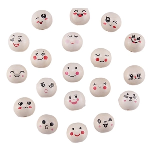 Natural 20mm round wooden beads with various cute smiley face and animal expression prints