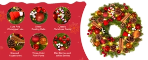 Detailed close-up of Christmas wreath with LED lights, pine cones and red berries