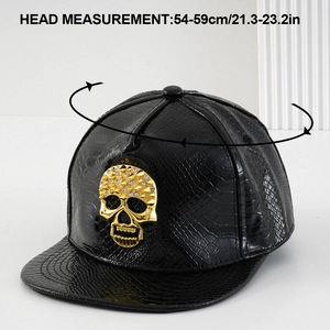 Hip hop PU leather baseball cap with gold rhinestone skull and snake skin texture