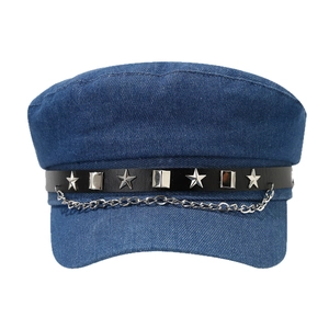 Vintage navy cap in blue denim with silver star studs and metal chain detail