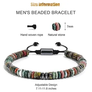 Adjustable natural stone beaded bracelet with 7mm flat beads and size guide chart
