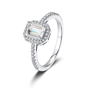 Luxurious S925 silver ring with emerald cut moissanite and halo pave setting