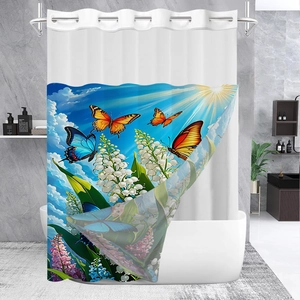 Waterproof Polyester Shower Curtain Waffle Weave Double Layer Detachable Liner Hookless Ring Mesh Top Decorative Print