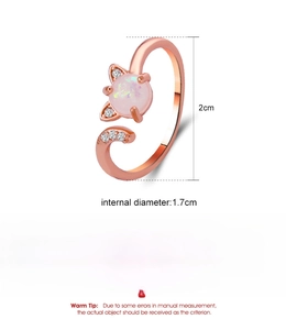 Detailed size specifications for adjustable cat ear ring with opal and rose gold plating