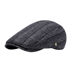 Retro men's ivy cap in dark grey knit fabric with vertical stripes for autumn and winter