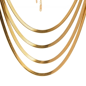 Five-layered 18K gold plated stainless steel flat snake chain necklace set for women