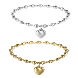 Minimalist Stainless Steel Beaded Bracelet For Women Heart Pendant Elastic Stretch Jewelry Gold Silver Plated Bead Bracelet
