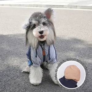 Blue and white striped dog winter jacket with hood and D-ring harness connector