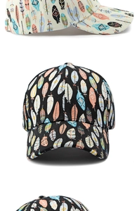 Dettaglio di cappellini da baseball con stampe di piume colorate in nero e beige