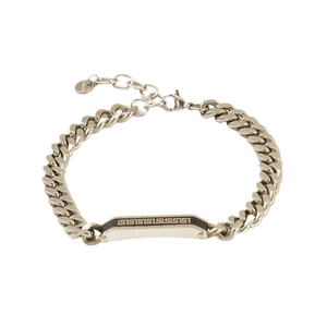 Men's silver titanium steel cuban link bracelet with engraved Greek key pattern plate
