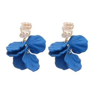 Elegant Klein blue petal tassel earrings with rectangular zircon and gold-plated finish