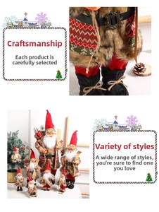 Detail of Christmas Santa dolls featuring red knit fabric, faux fur trim, and gift bags