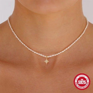 S925 sterling silver evil eye pearl necklace with gold star pendant and sparkling crystals
