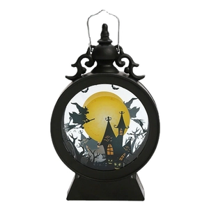 Halloween decorative LED lantern with witch, bat and haunted castle silhouette design