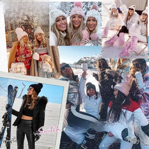 Collage of colorful knit beanies with large fur pom-poms shown in various lifestyle settings