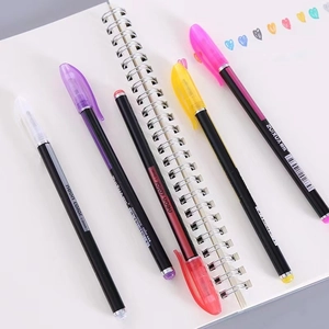 5-pack 1.0mm glitter gel pens set in silver, black, red, and pink on a notebook background
