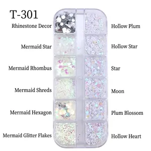 12-grid mermaid shell nail art kit featuring glitter sequins and mixed shape pearls