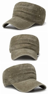 Detailed views of army green cadet hat showing washed vintage texture and metal eyelets