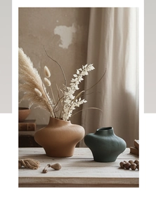 Detalle de jarrones de cerámica con rayas y flores secas en un ambiente estilo wabi-sabi