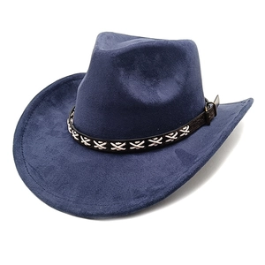 Detail of navy faux suede cowboy hat showing textured brim and brown leather band