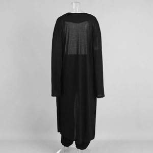 Rear view of long black sheer cardigan in lightweight knit fabric on transparent mannequin