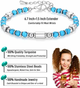 Detail view of 4mm sky blue turquoise beads with adjustable stainless steel chain and gift box