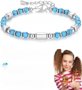 Detail view of 4mm sky blue turquoise beads with adjustable stainless steel chain and gift box