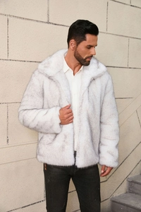 Close-up of faux fur texture on men's lapel jacket with white and gray gradient fur