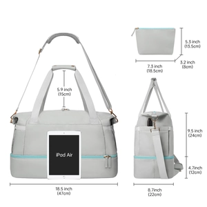 Light gray fitness bag set with dimensions including small cosmetic case and ipad reference