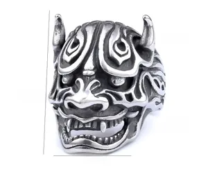 Gothic Prajna mask ring in retro silver stainless steel with 31.4mm height dimensions