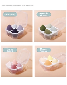 Macro detail of 4-piece makeup sponge set with diverse shapes and transparent storage case