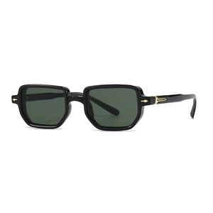 Retro square frame sunglasses in black finish with dark green lenses and gold accents