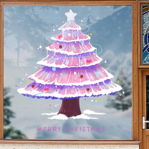 Pink illustrated Christmas tree window sticker with Merry Christmas text on glass
