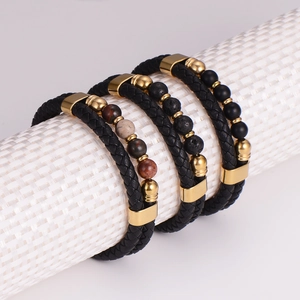 Men Woven Leather Bracelet With Natural Stone Beads And Stainless Steel Magnetic Clasp Fashion Trendy Jewelry Gift