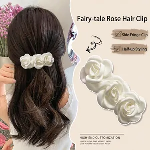 Elegant white fabric rose flower hair claw clip for women stylish hair styling accessory