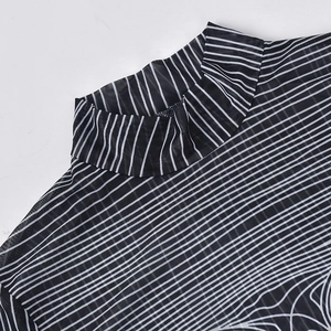 Detail of sheer mesh long sleeve top featuring black and white stripes and a high neck